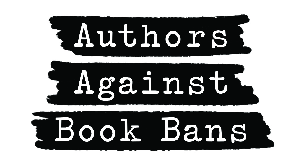 Authors Against Book Bans logo with white letters over three black painted lines