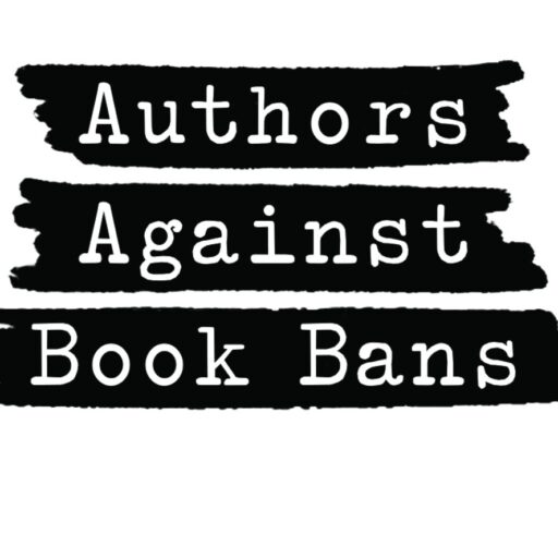 Authors Against Book Bans logo with white lettering in typewriter-style font against Sharpie-like blackout lines